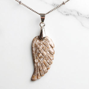 925 <b>Silver</b> <b>Angel</b> Wing Carved Grey Jasper Gemstone Pendant <b>Necklace</b> - Product Image 1