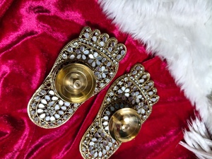 <b>Mirror</b> Work Oil Diya Baati Set Lakshmi Charan, Kalash & Swastik Lamps Indian Festival Pooja Decor, Diwali Gift,Mandir Decoration - Product Image 2