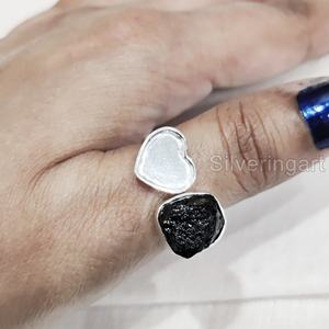 Bijoux en pierre brute Bague pour femme Tourmaline noire brute naturelle Pierre précieuse Octobre Pierre de naissance Bague coeur Bague en argent sterling 925 - Product Image 3