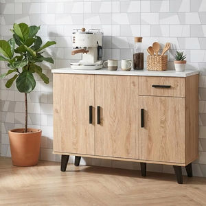 Mueble de Cocina Moderno de Madera de Roble, Aglomerado de 120L, Aparador, Alacena con Tapa de Mármol Blanco y Cajón - Product Image 1