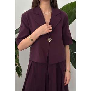 Plum Single-Button Short Jacket and Skirt <b>Set</b> - Plum - Product Image 4