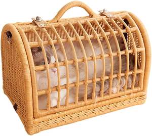 Cage de transport pour animaux de compagnie en rotin tissé à la main |   Panier de transport pour chat et chien en osier naturel avec poignée pour une décoration intérieure confortable - Product Image 1