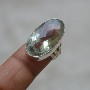 แหวนเงินสเตอร์ลิงขนาดใหญ่ตัดเป็นรูปไข่925อัญมณี Prasiolite ประดับอัญมณีสีเขียวธรรมชาติของขวัญ - Product Image 1