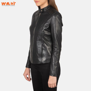 Veste en cuir de vachette véritable pour femmes élégantes Noir Slim Fit Moto Design Zip Respirant WearHit Casual Outerwear Coat Solid - Product Image 6