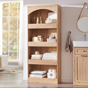 Étagère à livres en bois cintrée avec tiroirs coulissants, vitrine autoportante pour salon, bibliothèque de rangement - Product Image 2