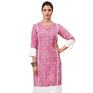 Pure Viscose Slub Fancy Girls Kurti with Boutique Print and Heavy Lace Attachment Fashion Silk Party Dress for Online Sale