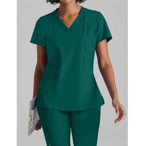 Conjuntos de uniformes médicos de enfermería elásticos de manga corta con cuello levantado OEM al por mayor, uniformes de Spandex para correr - Product Image 1