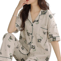 Piyama Wanita Elegan Bahan Bambu Bernapas Cepat Kering Model Patchwork Rajutan Lembut Logo Depan Dua Potong Pakaian Tidur Kerah Elastis Pinggang Elastis
