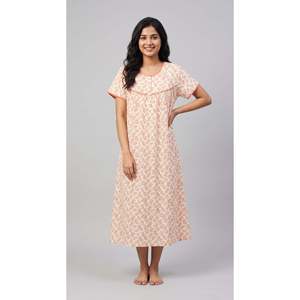 Women's Floral Cotton <b>Long</b> Sleeves Round Neck Button Placket Quick Dry Short <b>Nighty</b> Soft Comfortable Sleepwear EVOLOVE X VENUS - Product Image 3