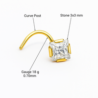 Suministro de Fábrica: Lindo Piercing de Nariz de Oro Amarillo Sólido de 14K con Circonita Cúbica de Corte Princesa de 3x3mm y Poste Curvo de 18G, Joyería para Regalo