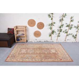 Large Vintage Turkish <b>Wool</b> Rug 4x7ft <b>Brown</b> Orange Patchwork Design Latex Rectangle Abstract Area Set for Hallway Room Decor - Product Image 1