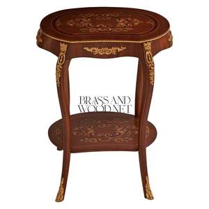 Mesa Auxiliar Ovalada de Lujo Estilo Francés de 2 Niveles con Incrustaciones Florales Coloridas y Detalles Ornamentales en Latón Dorado para Decoración de Palacios - Product Image 1