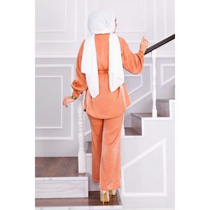 Autumn Casual 2-Piece Set in Salmon Color Short Top Detachable Drawstring Waist <b>Button</b> Decoration Logo Coordinating Trousers - Product Image 5