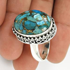 Bague ovale en argent sterling 925 avec pierre naturelle verte turquoise et cuivre pour femme, fournisseur de gros de bijoux faits main - Product Image 5