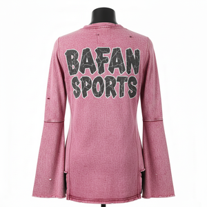 Women Soft Cotton Jersey Long Sleeve Tshirt 180 GSM Acid Wash Pink <b>Raglan</b> Sleeve Panel Custom Distress Print Logo Cotton T Shirt - Product Image 2