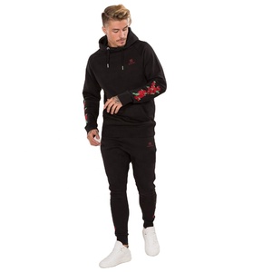 Survêtement homme polaire coton couleur noire avec broderie rose rouge vente en gros veste personnalisée pantalon de survêtement polyester coton - Product Image 1