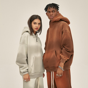 Streetwear sweat à capuche zippé poids lourd tissu épais coupe et couture fermeture éclair Vintage broderie recadrée ourlet brut sweats à capuche - Product Image 6