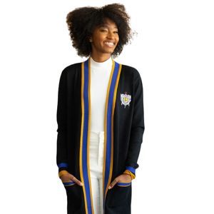 <b>Long</b> <b>Black</b> <b>Cardigan</b> for Women <b>with</b> Blue Gold Trim Open Front Knit Sorority Style Elegant Lightweight Sweater - Product Image 2