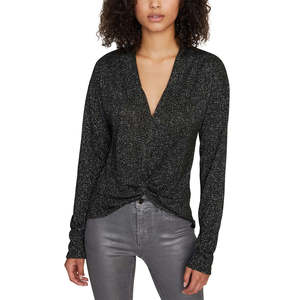 Top da donna Sanctuary con scollo a V profondo, nero, con nodo decorativo, colletto arricciato, in maglia satinata lunga, taglia XL, per l'ufficio, per l'autunno - Product Image 2