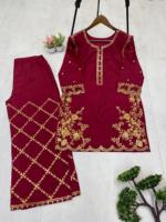 Ensemble Plazzo Kurti rouge en soie crêpe de créateur indien pakistanais Collection prête à l'emploi pour femmes Vêtements de mariage de fête ethnique Duptta lourds