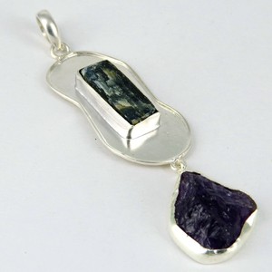 Pendentif en argent sterling 925 avec kyanite et améthyste authentiques, bijoux Shri Ashapura, style bohème chrétien, anniversaire - Product Image 1
