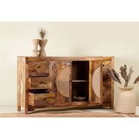 Buffet moderne en teck sculpté à la main de 160 cm (3 pieds) avec inserts en rotin, 2 portes battantes, 6 tiroirs et rangement ouvert pour salon