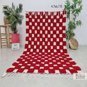 Designer 4.7,5.8 pieds Designer Dhurries rouge et blanc motif à carreaux travail main bloc impression motif tapis pour la décoration intérieure - Product Image 4