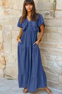 2025 azul largo bohemio Maxi vestido para mujer verano señora elegante señoras suelta playa Mujer vacaciones manga corta Maxi vestido - Product Image 6