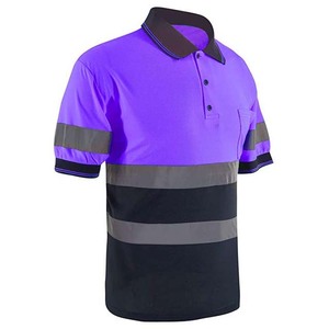 Men's Hi Visibility Reflective <b>Polo</b> Shirt Purple Navy Polyester Workwear Uniform Short Sleeve with Stripes - Product Image 5