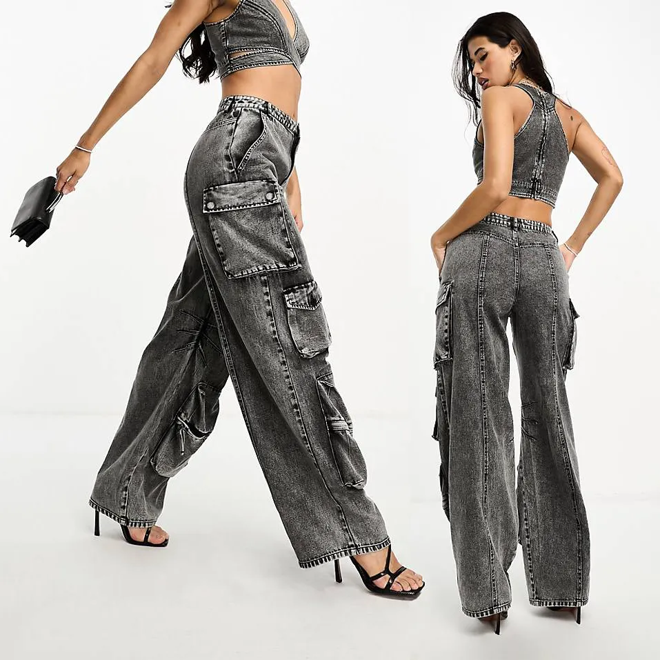 Pantalones Parker de mezclilla OEM de alta calidad para mujer, bolsillos de caja lavados con ácido, cintura baja, moda Hip Hop, pantalones acampanados de gran tamaño