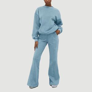 New Arrival Women Custom 2-<b>Piece</b> for <b>Lounge</b> Wear <b>Set</b> Plain casual O-Neck Pullover and Flared Sweatpants & sweatshirts <b>sets</b> - Product Image 1