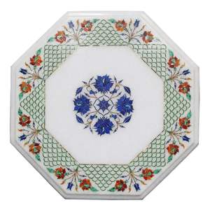 Table basse de luxe en marbre blanc incrusté de meubles de maison de style traditionnel élégant pièce décorative pour le salon - Product Image 6