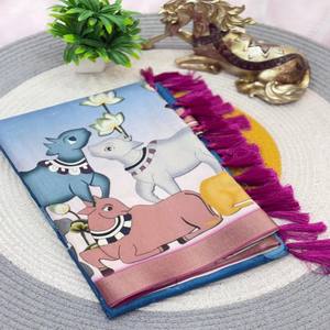 Sari de Seda Manipuram VASTRA COTTAGE con Estampados Pichwai, Borde Dorado con Zari, Pallu Pichwai con Estampado Digital, Borlas y Blusa en Contraste - Product Image 6