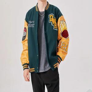 Veste en cuir véritable Letterman en laine pour hommes, veste en toile d'hiver à col montant avec logo brodé en couleur personnalisée en bleu pour hommes - Product Image 3