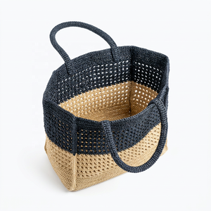 Two Tone Crochet <b>raffia</b> <b>Tote</b> Bag Woven Shoulder Handbag Open Top Large Capacity for Beach Daily Use - Product Image 4
