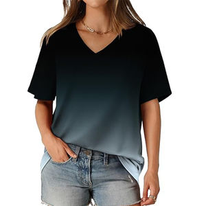 Femmes été Ombre gris vente en gros à manches courtes T-Shirts broderie décoration respirant toile col en v Style - Product Image 5