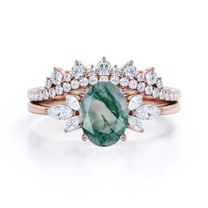 Bague d'éternité de mariée en agate verte mousse et diamant coupe ovale en argent sterling 925 Bague de fiançailles en agate mousse diamant - Product Image 1