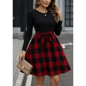 Vestido corto de viscosa con cuello redondo y manga larga para mujer, 28954 - Negro - Product Image 3