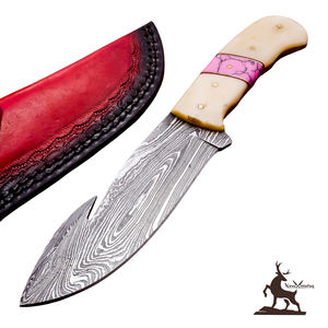OEM Customizable Damascus Steel Hunting <b>Knife</b> with Camel Bone Handle and Leather Sheath <b>Twisted</b> Pattern for EDC-Wholesale - Product Image 1