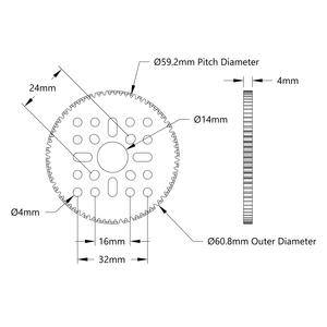 Engrenage à 74 dents en aluminium à montage sur moyeu (MOD 0.8, épaisseur 4 mm, alésage 14 mm) pour robot STEM REV WCP FTC FRC - Product Image 2