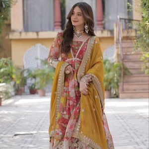 Broderie de feuille de soie russe pour femmes indiennes Zari séquence travail imprimé numérique pour les vêtements de mariage de fête vêtements pakistanais - Product Image 1