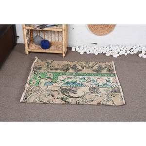 Tapis en Laine Vintage Classique 2.7 X 3.1ft Vert Beige Motif Floral Rectangulaire Aubusson Design pour Salon Couloir Latex - Product Image 1