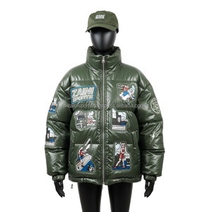 Veste bouffante pour femmes Tissu polyester Vert olive Brodé Cartoon Patch Logo personnalisé Veste bouffante de transfert de chaleur pour femmes - Product Image 1