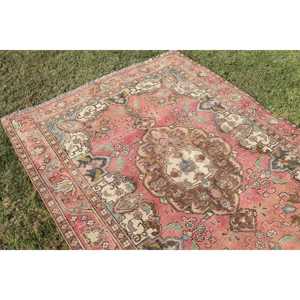 4,7x6,4 ft Rug, Vintage Turkish Rug, <b>Red</b> Blue Geometric <b>Wool</b> Rug - Product Image 5