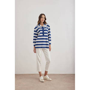 <b>Navy</b> Blue Striped Knitted Blouse for Women-Stand Collar Long Sleeve Autumn <b>Top</b> - Product Image 4