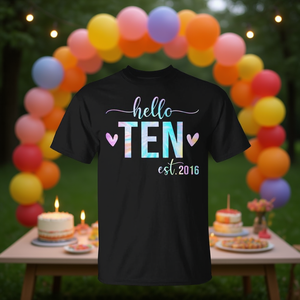 T-shirt per il 10° compleanno Hello Ten Est 2016 per ragazze e ragazzi, abbigliamento promozionale personalizzabile per bambini di 10 anni - Product Image 3