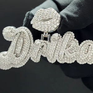 Iced Out Custom Name Pendant with Lips Charm in <b>Gold</b> Plated Finish VVS Moissanite Hip Hop Jewelry - Product Image 1