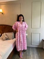 Gaun Maxi Wanita Musim Gugur Musim Panas Kasual Tenun Ramah Lingkungan Dapat Dicuci Kancing Cetak Blok Tangan Motif Bunga Bohemian Kerah O Lengan 3/4