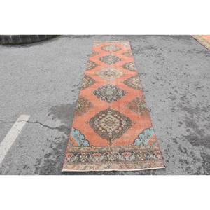 Tapis vintage en laine turque de 32 pieds x 12 pieds en patchwork classique orange et bleu pour un décor de salon de grande surface pour les adolescents - Product Image 1