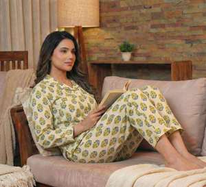 Pijama de Algodón con Estampado Floral Jaipuri para Mujer, Ropa de Dormir con Estampado a Mano, Reversible, para Verano, Otoño y Primavera - Product Image 3